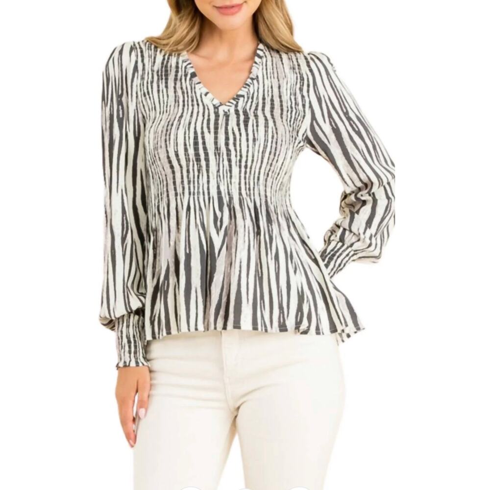 THML Anthropologie Black White Zebra Print Smocked Peplum Blouse Top (size M)